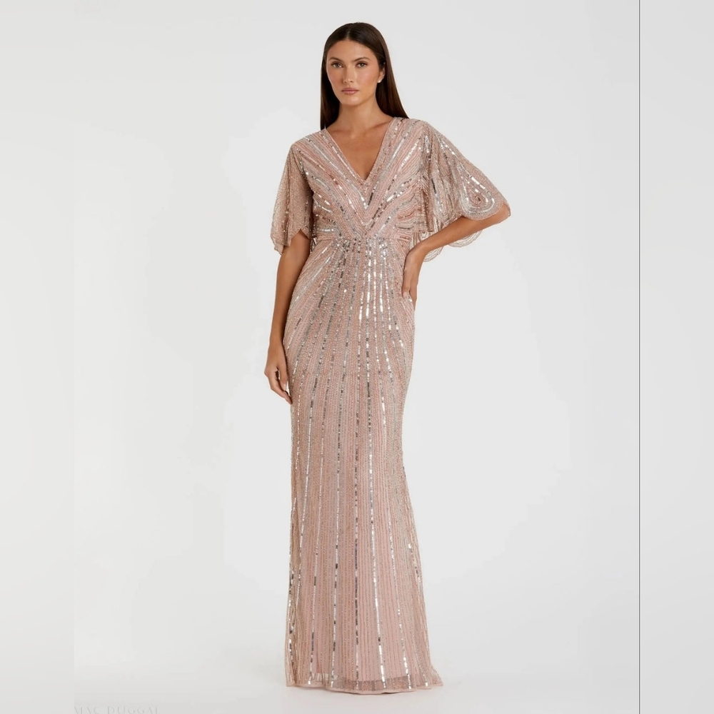 Mac Duggal Vintage Rose Sequin Cape Dress
